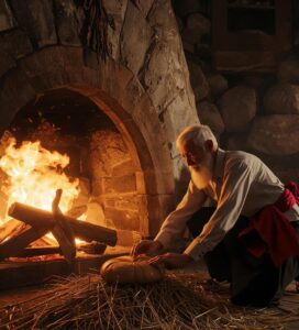 Възрастен мъж в народна носия от Банско поставя питка Боговица пред огнището на Бъдни вечер.