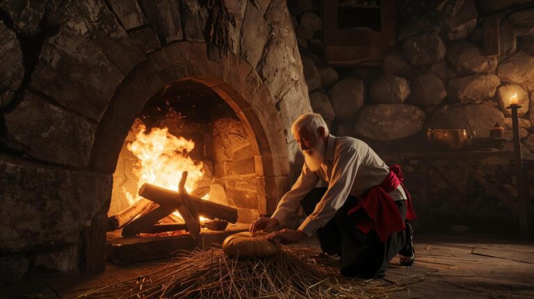 An elderly man in a traditional Bansko costume places a Bogovitsa bread in front of the fireplace on Christmas Eve.