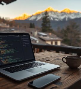 Дигитален номад работи на лаптоп на тераса с гледка към Пирин планина в Банско.