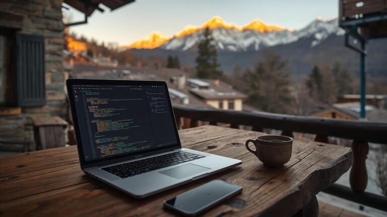 A digital nomad works on a laptop on a terrace overlooking the Pirin Mountains in Bansko.