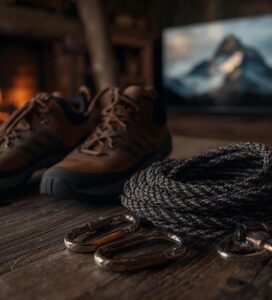 Катерачна екипировка, въже и еспадрили на маса в хижа в Банско с филм на заден план