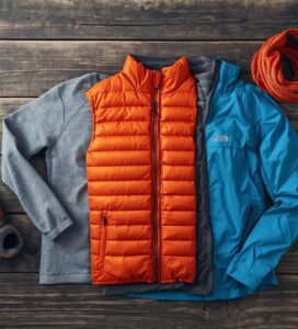 Комплект туристическо облекло на слоеве – термо бельо, пухенка и водоустойчиво яке, подредени върху дървен фон.