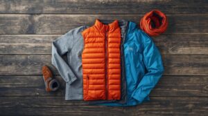 A set of hiking clothing in layers - thermal underwear, a down jacket, and a waterproof jacket, arranged on a wooden background.
