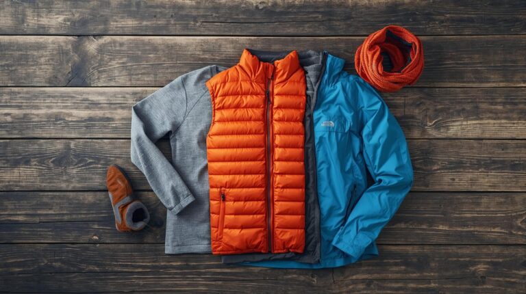 A set of hiking clothing in layers - thermal underwear, a down jacket, and a waterproof jacket, arranged on a wooden background.