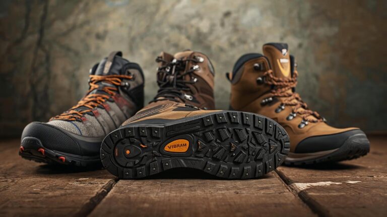 Three pairs of hiking boots on a wooden surface against a map background. The center boot is turned sideways, revealing a detailed black rubber sole with orange "VIBRAM" lettering. The other two boots are standing upright, in shades of brown and gray, with laces.
