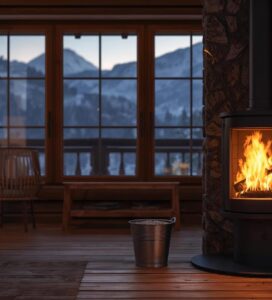 Запалена камина на дърва в планинска вила в Банско с правилно подреден огън.