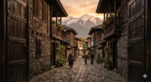 Традиционна каменна къща и калдъръмена улица в Старо Банско на фона на Пирин