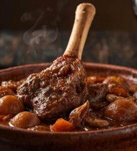 Традиционен Бански чомлек с телешки джолан, сервиран с чаша червено вино.