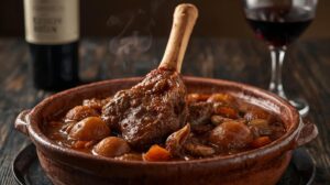 Traditional Bansko chomlek with veal shank, served with a glass of red wine.