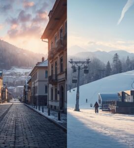 Контрастът в Банско през 2007: Старият град и новите хотели със ски пистите