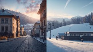 The contrast in Bansko in 2007: The old town and the new hotels with the ski slopes