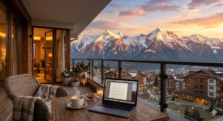 Луксозен апартамент в Банско с панорамна гледка към върховете на Пирин при залез.