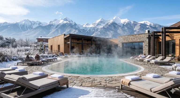 Външен минерален басейн в село Баня с гледка към Пирин планина