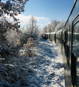 Зимен пейзаж, заснет от движещ се влак. Влакова композиция в тъмнозелен цвят се движи през дълбоко заснежена гора под ярко синьо небе.