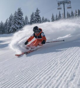 Скиор прави динамичен карвинг завой на червената писта Балканиада в Банско.