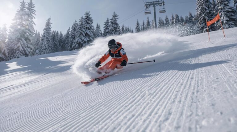 A skier makes a dynamic carving turn on the red Balkaniada slope in Bansko.