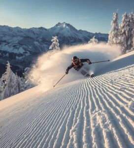 Експерт скиор се спуска по стръмната черна писта Томба в Банско рано сутрин.