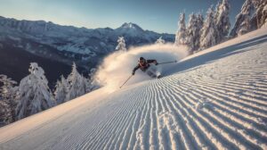 An expert skier descends the steep Tomba black run in Bansko early in the morning.