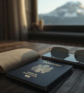 Британски паспорт и смартфон на маса в хотелска стая в Банско, символ на сигурност на документите.