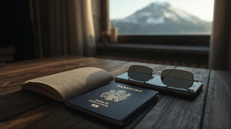 A British passport and a smartphone on a table in a hotel room in Bansko, a symbol of document security.