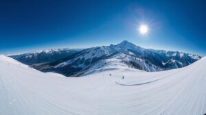 Panoramic view from the Plateau ski slope in Bansko with Vihren Peak in the background.