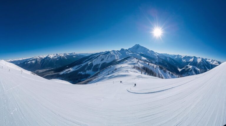 Panoramic view from the Plateau ski slope in Bansko with Vihren Peak in the background.