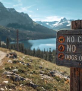 Турист с куче на повод по пътека в Национален парк Пирин, спазвайки правилата.