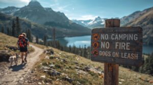 A tourist with a dog on a leash on a trail in Pirin National Park, following the rules.