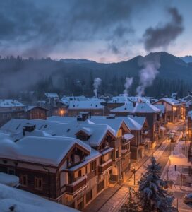 Зимна вечер в Банско с дим от комини и заснежени покриви