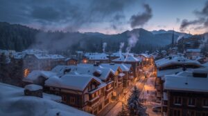 Winter evening in Bansko with smoke from chimneys and snowy roofs