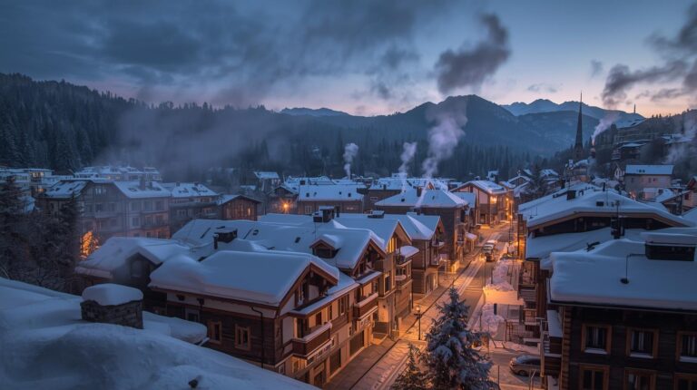 Winter evening in Bansko with smoke from chimneys and snowy roofs