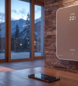 Модерен стъклен електрически конвектор Adax с цифров дисплей, показващ 22 градуса, монтиран на тухлена стена в луксозен апартамент в Банско с гледка към заснежени планини. На преден план има смартфон, подсказващ смарт управление.