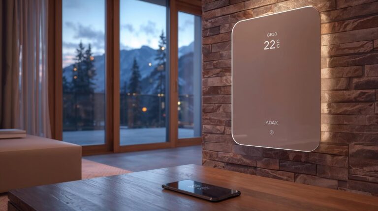 A modern glass Adax electric convector with a digital display showing 22 degrees, mounted on a brick wall in a luxury apartment in Bansko with a view of snow-capped mountains. In the foreground is a smartphone, suggesting smart control.