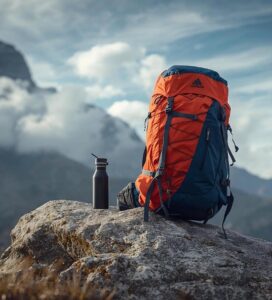 Оранжево-синя туристическа раница и бутилка с вода, поставени върху скала на фона на драматичен планински връх и облачно небе.