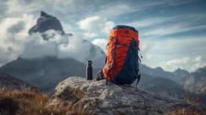 An orange and blue hiking backpack and water bottle placed on a rock against a backdrop of a dramatic mountain peak and cloudy sky.