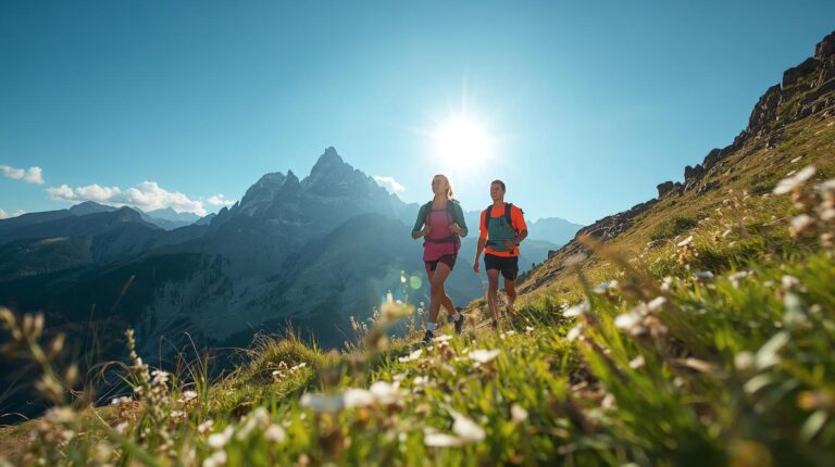 A couple of tourists on a summer hike in the Pirin Mountains above Bansko for weight loss and active recreation.