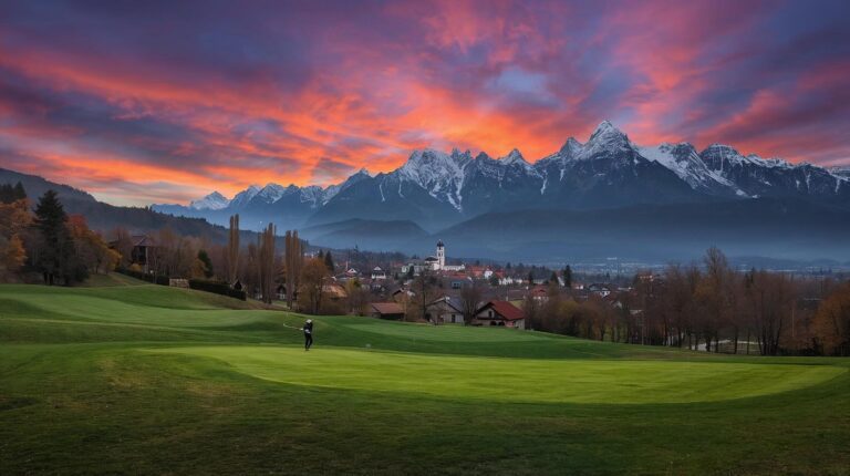 Pirin Golf Course against the backdrop of the snow-capped peaks of Pirin Mountain near Razlog