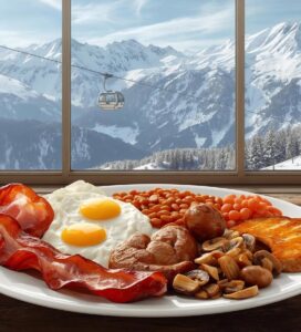 Чиния с пълна английска закуска – яйца на очи, бекон, наденици, боб и гъби, сервирана на рустик дървена маса пред голям прозорец с гледка към заснежените планински върхове и кабинковия лифт в Банско.