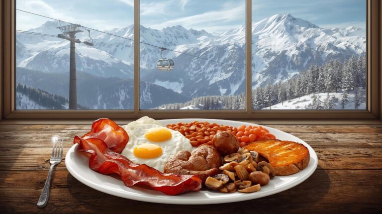 A plate of full English breakfast - fried eggs, bacon, sausages, beans and mushrooms, served on a rustic wooden table in front of a large window with a view of the snow-capped mountain peaks and the gondola lift in Bansko.