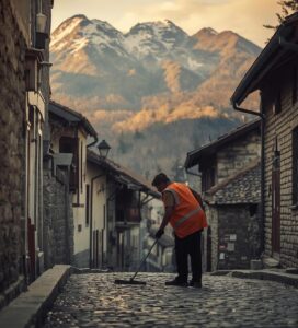 Работник от ромската общност почиства улица в Банско на фона на Пирин планина.
