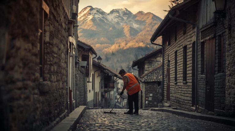 A worker from the Roma community cleans a street in Bansko with the Pirin Mountains in the background.