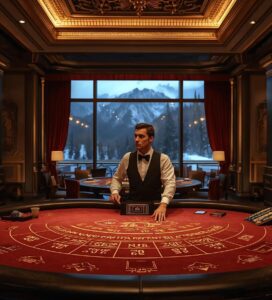 Интериор на луксозно казино в Банско с маса за блекджек и слот автомати.