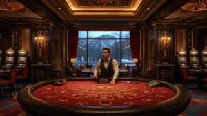 Interior of a luxury casino in Bansko with a blackjack table and slot machines.