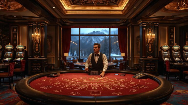Interior of a luxury casino in Bansko with a blackjack table and slot machines.