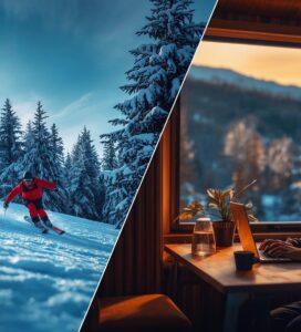 Сравнение между зимния ски туризъм и модерните коуъркинг пространства в Банско на фона на Пирин планина.