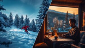 A comparison between winter ski tourism and modern coworking spaces in Bansko against the backdrop of the Pirin Mountains.