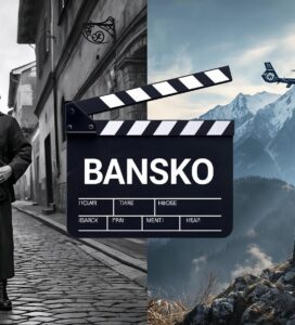 Колаж изобразяващ сцени от стари български филми и модерни продукции снимани в Банско и Пирин.