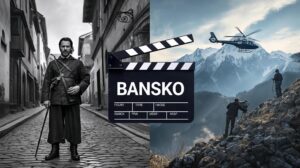 A collage depicting scenes from old Bulgarian films and modern productions filmed in Bansko and Pirin.