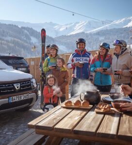 Весели румънски туристи в Банско до кола Dacia със ски багажник