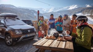 Cheerful Romanian tourists in Bansko next to a Dacia car with a ski rack